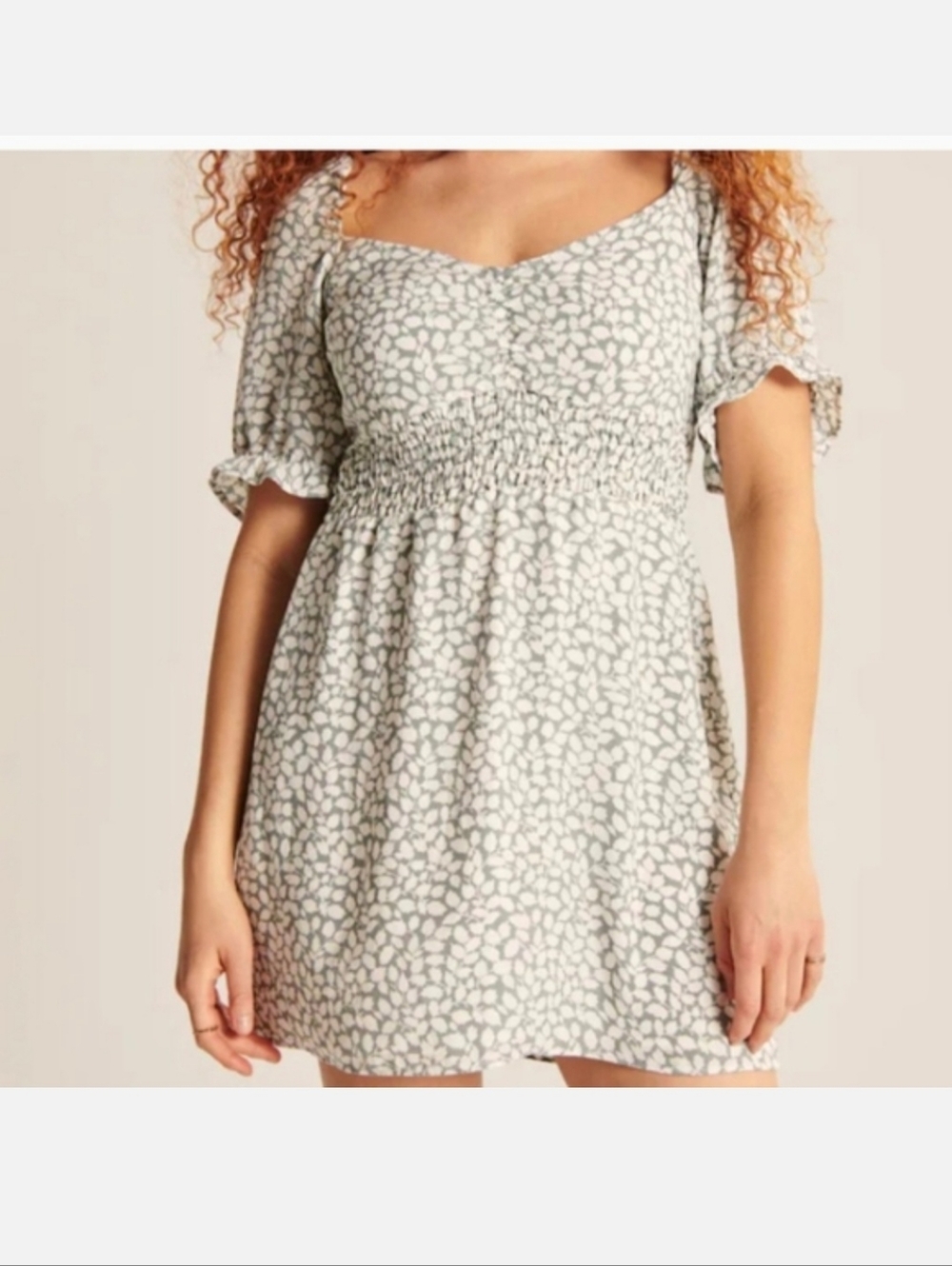 Abercrombie & Fitch Light Sage Printed Smocked Mini Dress